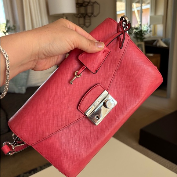 PRADA Saffiano Lux Sound Shoulder Bag Pink Clutch Silver - Picture 12 of 16
